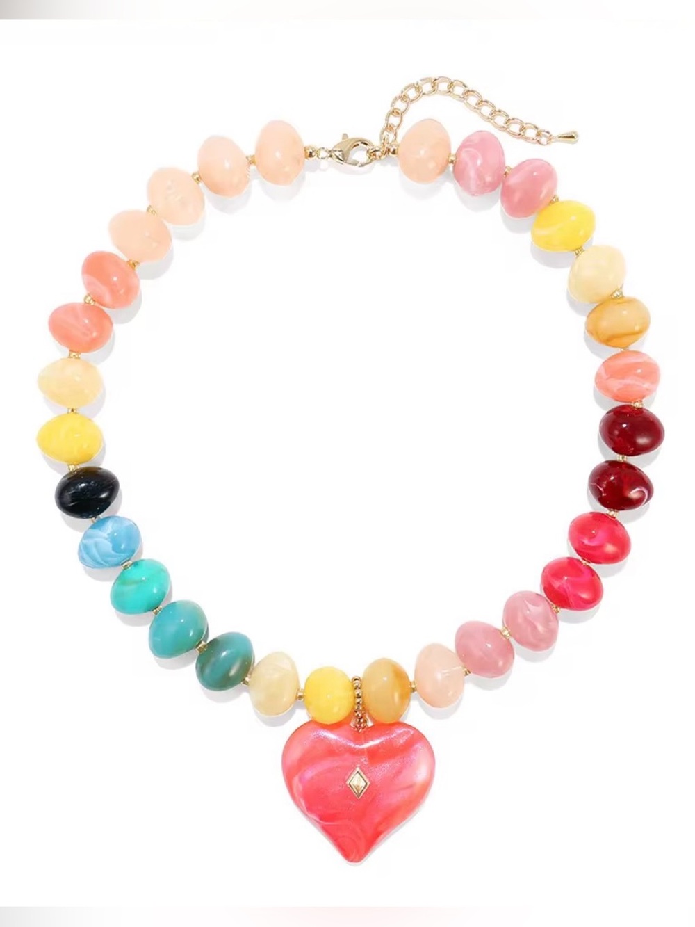 Multicolor Beaded Necklace with Red Heart Pendant - Picture 4 of 7